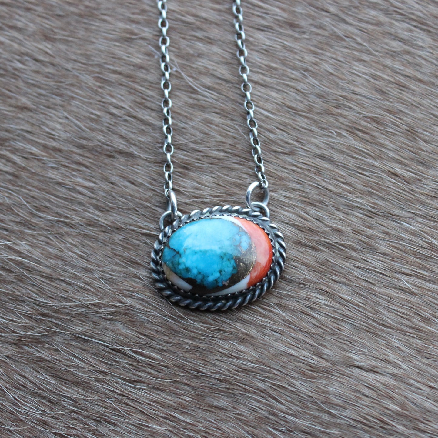 Turquoise & Spiny Oval Bar Necklace - Ready to Ship