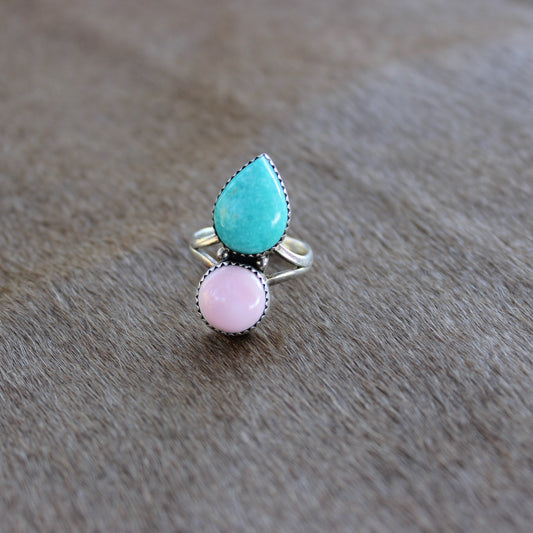 Pink Conch & Kingman Turquoise Ring - Ready to Ship