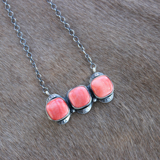 3 Stone Red Spiny Necklace w/ silver detail - Ready to Ship