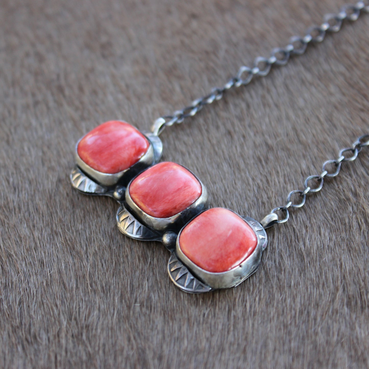 3 Stone Red Spiny Necklace w/ silver detail - Ready to Ship